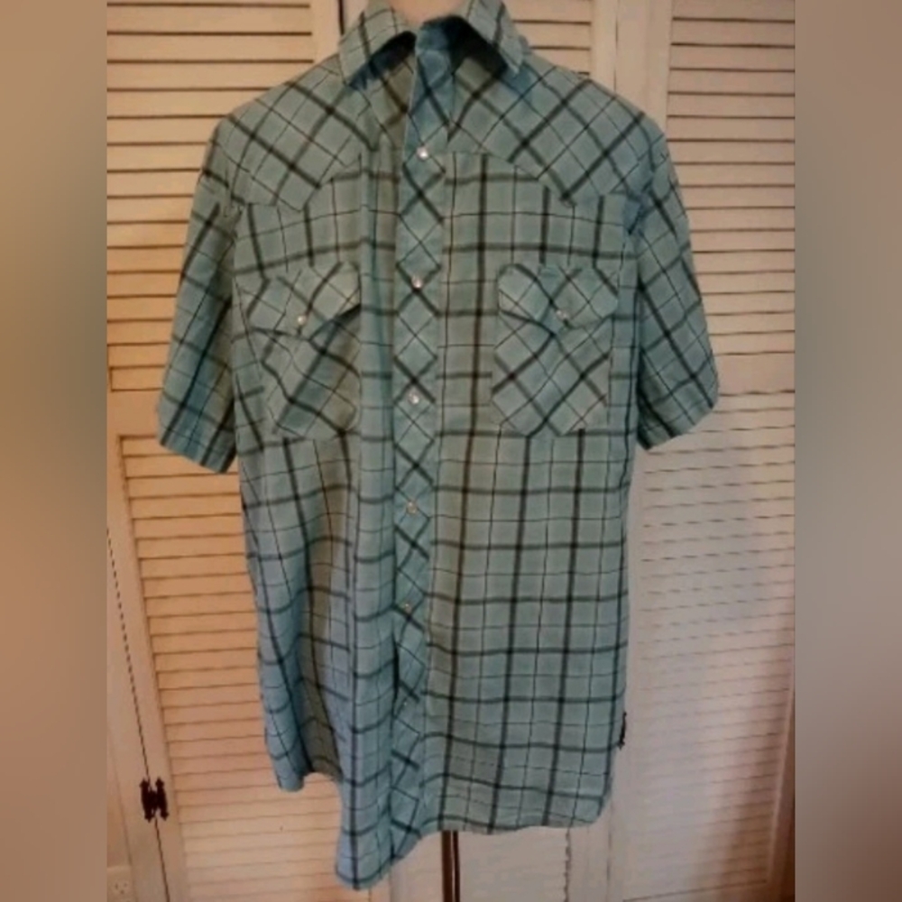 Men's XL Vintage Wrangler Pearl Snap Front Short Sleeves Western Shirt Cowboy...